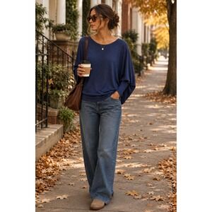 Korye Women Blue Oversized Dolman Batwing Sleeve Tunic Top XL Minimalist Casual
